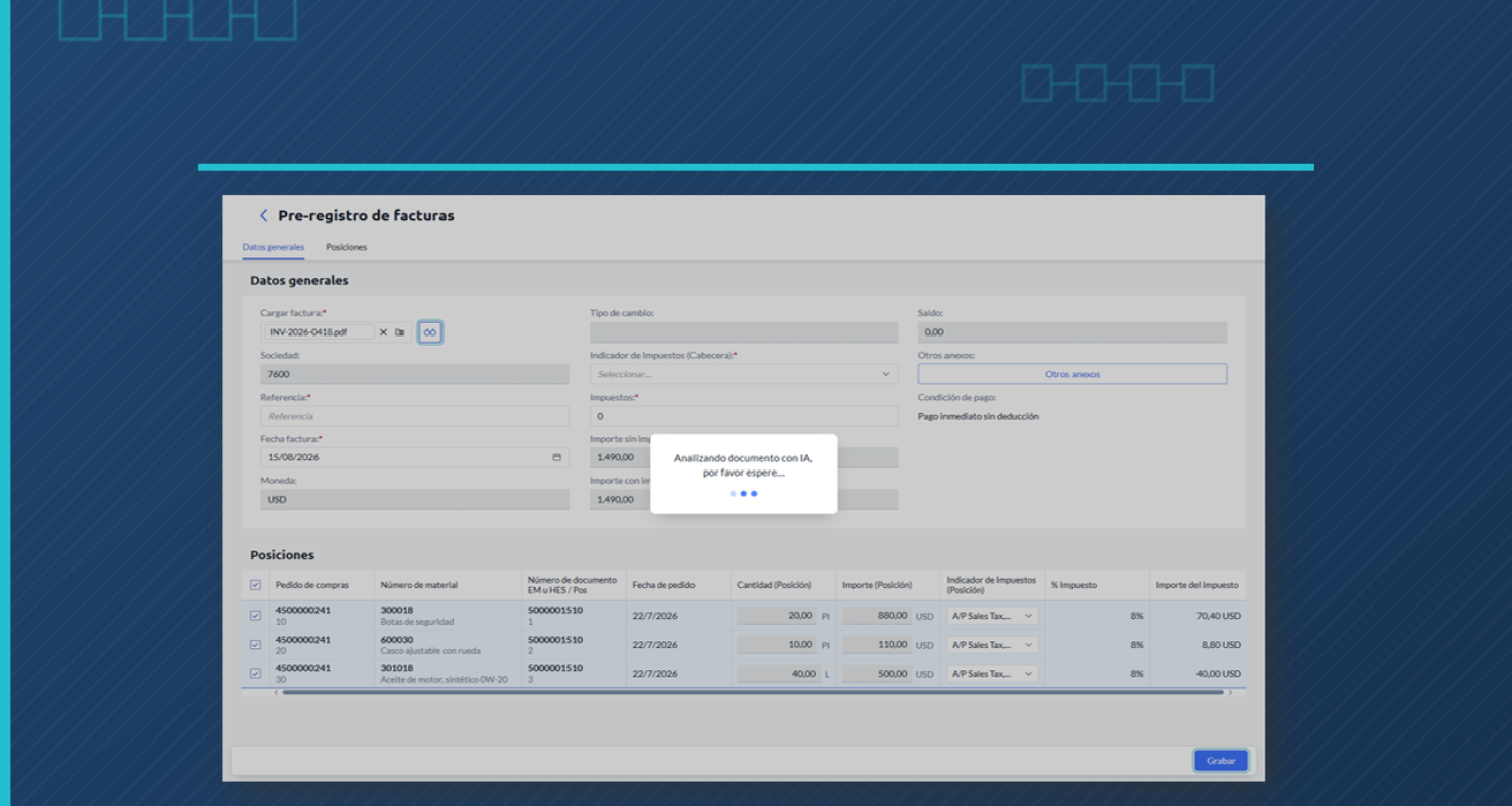 Pantalla de preregistro de facturas en SiPRO analizando con IA una factura de proveedor en SAP