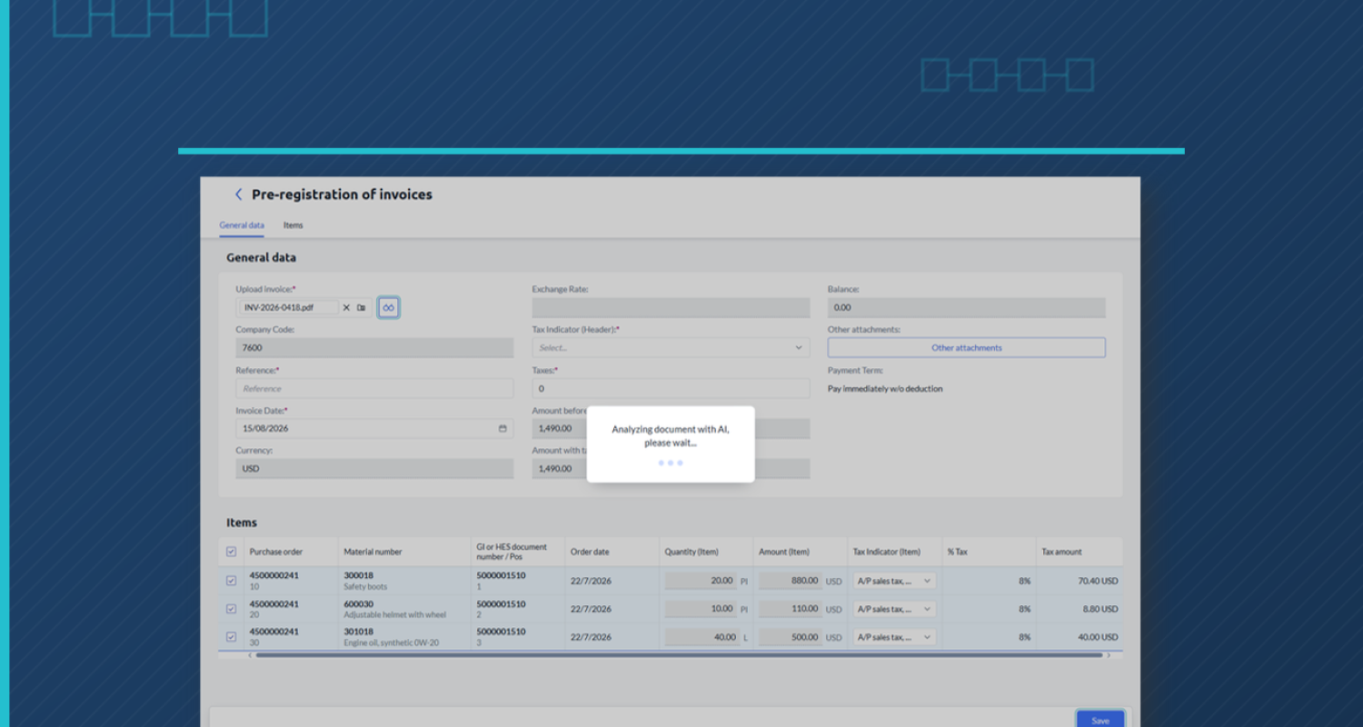 SiPRO invoice pre-registration screen analyzing a supplier invoice with AI in SAP