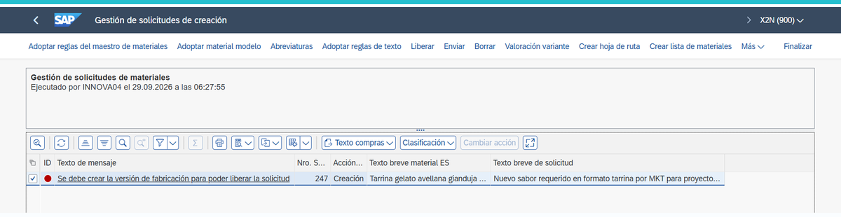 Pantalla de solicitud de alta de material en SiDM Materiales donde la liberación queda bloqueada porque faltan la lista de materiales, la hoja de ruta y la versión de fabricación