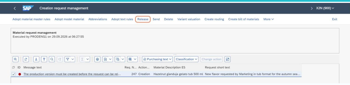 Material creation request screen in SiDM Materials where the release is blocked because the production version has not been created