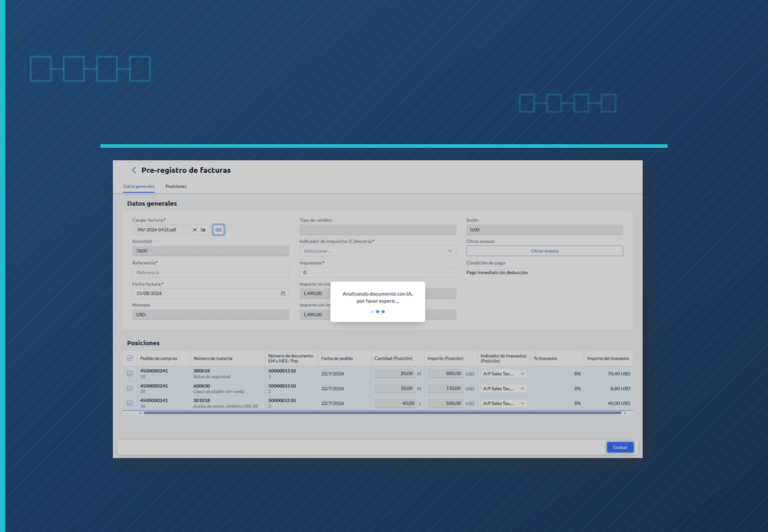 Pantalla de preregistro de facturas en SiPRO analizando con IA una factura de proveedor en SAP