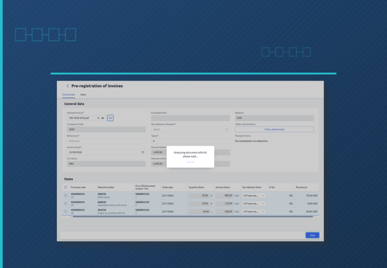 SiPRO invoice pre-registration screen analyzing a supplier invoice with AI in SAP