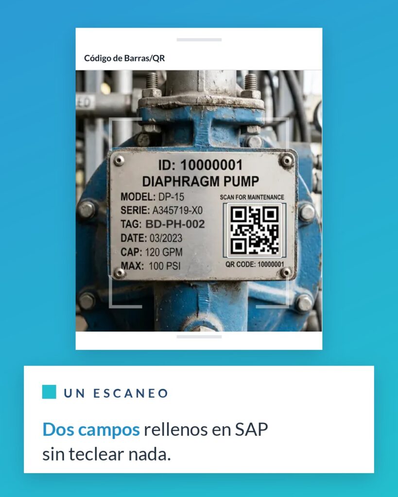 SiPM en el móvil: el escaneo del código QR de la placa de un equipo, con el que se rellenan la ubicación técnica y el equipo del aviso en SAP