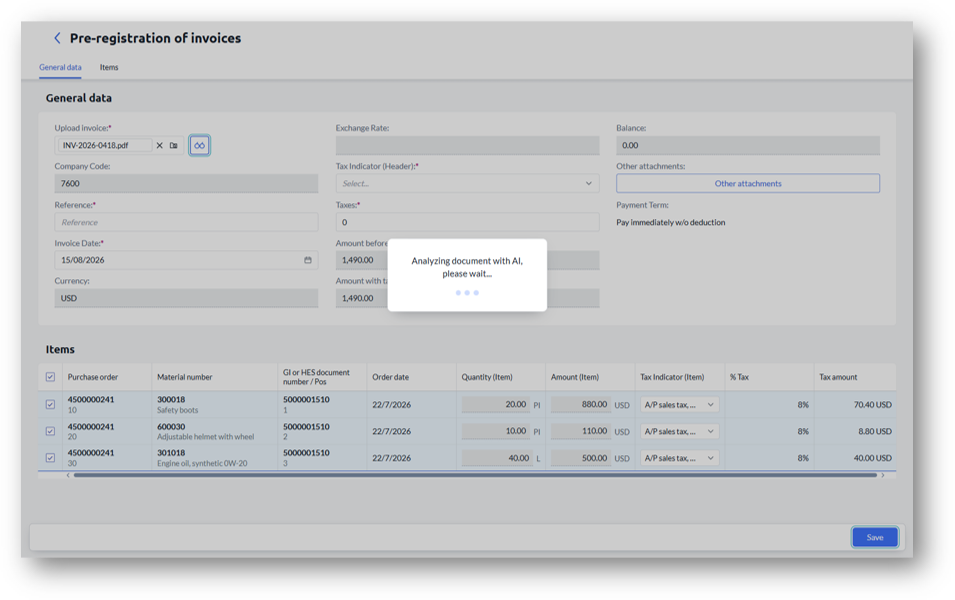 SiPRO screen showing AI-assisted validation of a supplier invoice, with fields extracted from the PDF and the match result against the purchase order