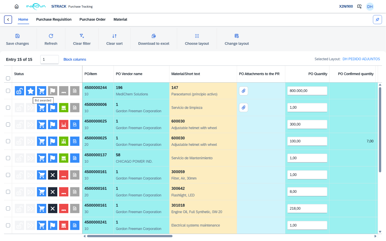 SiTRACK screen in SAP showing end-to-end tracking of multiple purchase processes, from requisition to invoice