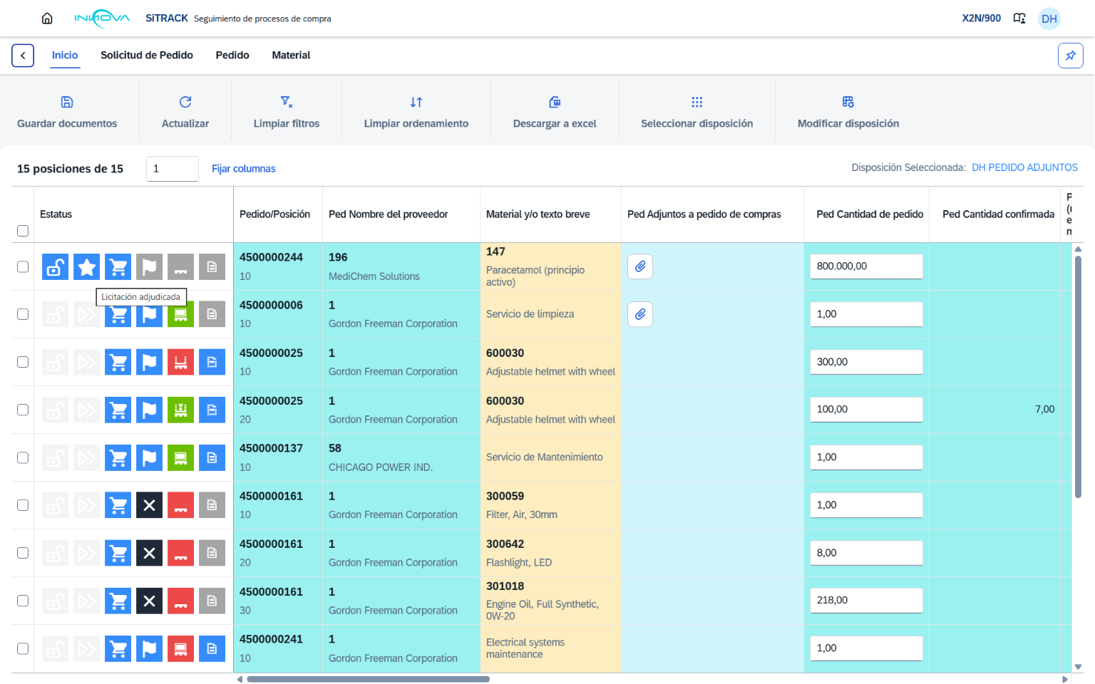 Pantalla de SiTRACK en SAP mostrando el seguimiento end-to-end de varios procesos de compra, de la solicitud a la factura